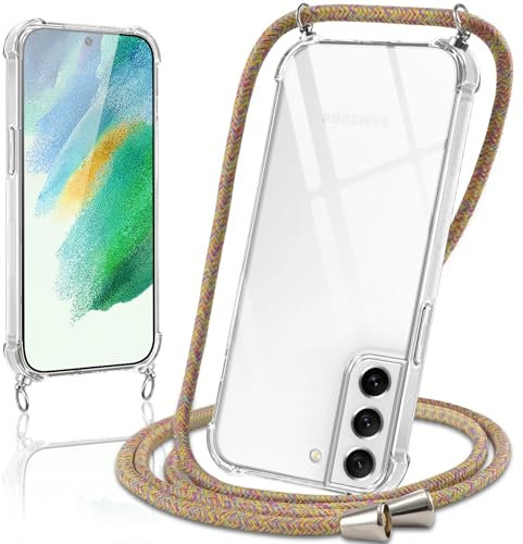 Coiwxmoi Handykette Handyhülle für Samsung Galaxy S21 FE 5G Hülle mit Band 6.4,Transparent Case mit Kette Abnehmbar zum Umhängen Kordel Schutzhülle,Weich Silikon TPU Stoßfest Cover,Regenbogen