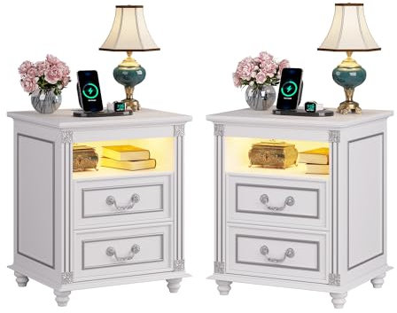 FREDEES Nachttisch 2er Set mit Steckdose, LED Nachttisch mit Ladefunktion, Beistelltische mit 2 Schublade Holz Nachtkommode für Schlafzimmer/Wohnzimmer Weiß