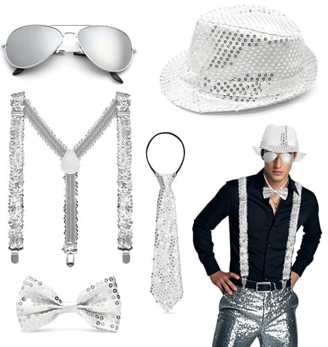 Xerteam Tenue pailletée pour homme - Costume à paillettes pour homme - Chapeau à paillettes - Cravate nœud papillon - Bretelles en Y - Verres argentés - Accessoires de costume disco pour carnaval
