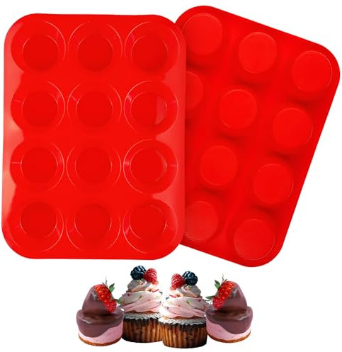 Bosmsaslad 2 Piezas Grande Moldes Silicona, 29.5×22×6.5cm Molde de 12 Magdalenas Horno, Moldes Reposteria, Recubrimiento Bandeja Antiadherente Reutilizables para Horno para Cupcake, Brownie, Pudín, M