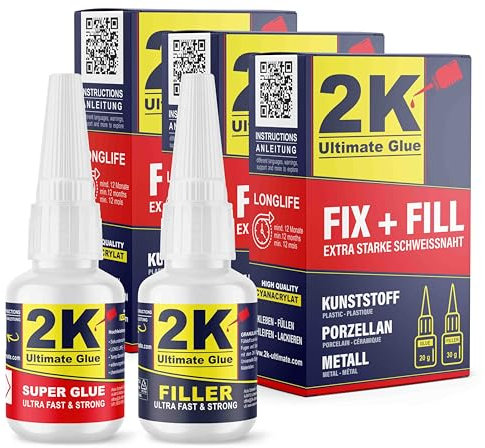 2K ultimate glue FIX + FILL Kleber extra stark für Kunststoff Gummi Stein Keramik Sekundenkleber/Superkleber - Kunststoff Reparaturset Super glue 2 komponenten Kleber Industriekleber (3 Sets)