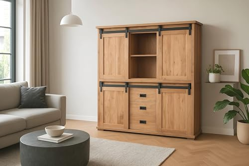 SAM Highboard Liano I | Akazienholz massiv | Farbe: Natur | 150x45x160 cm | 10 Fächer & 3 Schubladen | 4 x Holz-Schiebetüren | Gusseiserne Elemente