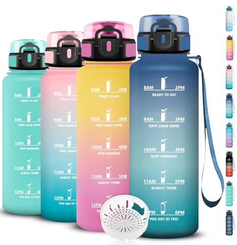 Botella Agua 1 Litro, Botella Agua, A Prueba de Fugas, Fácil de Transportar, Cantimplora Infantil con Filtro, Cantimplora con Marca de Tiempo, para la Escuela, Senderismo, Oficina, Camping, Deportes