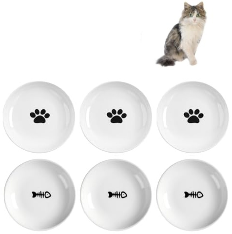 6PCS 5.9 Inch Ceramic Cat Bowls, Wide Shallow Dishes (3 Paw+3 Fish) | Whisker-Friendly Plates, Food and Water Bowl for Indoor Cats, Dishwasher Safe