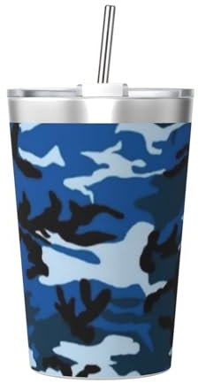 YFSGDLBN Thermoskanne mit konischem Strohhalm, 340 ml, Blau mit Camouflage-Muster
