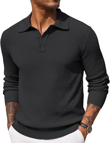 COOFANDY Mens Polo Jumper Long Sleeved Poloshirts Sweater | Fine Knit Winter