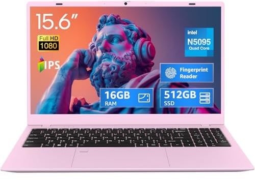 UOWAMOU 15.6-inch Laptop, 16GB RAM, 512GB SSD, FHD IPS Display Laptop Computer, N5095 Quad Core, 2.4/5G WiFi, BT4.2 Backlit and Fingerprint, Lightweight and Portable, Pink