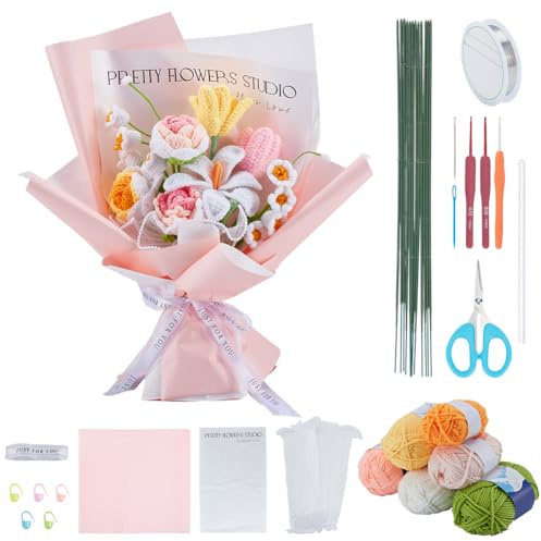 INFUNLY 12pcs/Set DIY Crochet Bouquet Kit for Beginners Mixed Handmade Crochet Flower Kit Pink Rose Knitted Making Kit with Yarn Hook Instructions for Women Wedding Graduation Birthday Gift Home