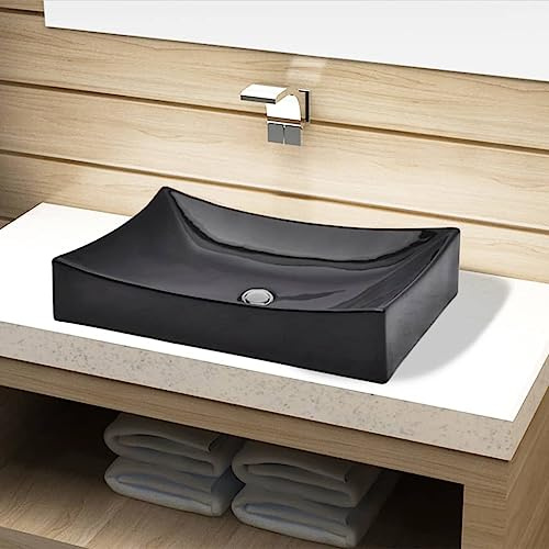 Lavabo Rectangulaire with Céramique, Design Moderne, Vasque à Poser Salle de Bain, Lavabo Salle de Bain, Lave Main, Meuble Vasque Salle de Bain, Noir, 655 x 390 x 140 mm
