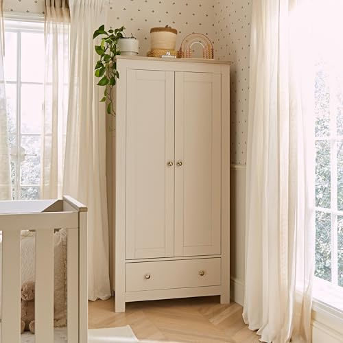 CuddleCo Luna Double Wardrobe for Kids in Cashmere & Ash - Double Door, Double Rail, Base Drawer, 2 Removable Hanging Rails - Ideal Baby Wardrobe for Parents Seeking Style and Functionality