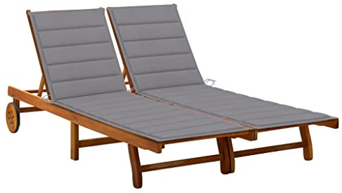 QUAHEAS 2-Personen-Sonnenliege Akazie Massivholz, Grau Polster, Verstellbare Rückenlehne, Rollen, für Garten Terrasse Pool, Outdoor Lounge Chair, Komfortable Relaxliege