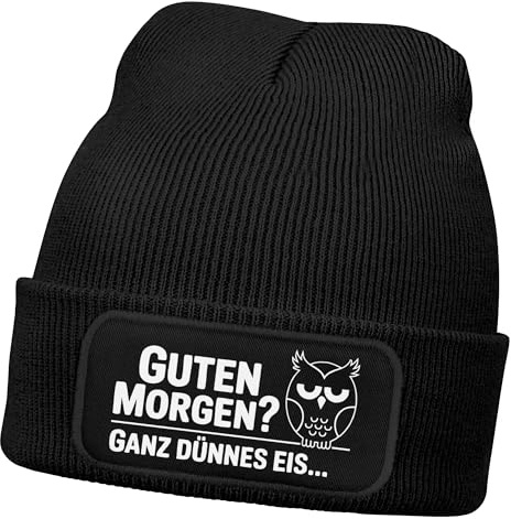 MoonWorks® Herren Beanie Patch Grafik Print Eule Strickmütze mit Spruch Guten Morgen Aufdruck Lustig Mütze Männer