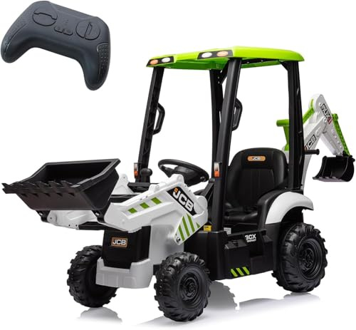 4-in-1 Kinder Elektrobagger, JCB Kinderbagger zum draufsitzen mit Fernbedienung, Schaufel Armen, Elektro Bagger, 12 V, 4 km/h, Elektro Auto für Kinder ab 3 Jahre, Grün