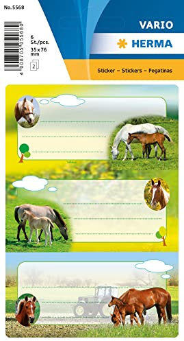 HERMA 5568 Buchetiketten zum Beschriften Pferde, 6 Stück, 76 x 35 mm, selbstklebend, liniert, Buchaufkleber für Schule Kinder Mädchen Jungen, mehrfarbige Heftetiketten Aufkleber, bunt