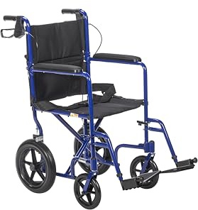 Drive Medical Lightweight Expedition Folding Transport Wheelchair with Hand Brakes - Portable Support - Large Rear Wheels - Compact Folding - Comfortable Design - Blue