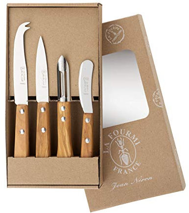 Le coffret kraft de 4 couteaux de cuisine la fourmi manche en olivier : 1 tartineur, un eplucheur, un couteau a fromage, un couteau d'office lame 9 cm