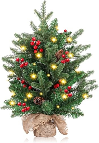 FGHB Decorazioni per albero di Natale da 50 cm, a batteria, con luci LED da 2 m, base in cemento, albero di Natale da tavolo, 75 rami, decorazione per casa e ufficio