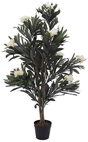 artplants.de Laurier Rose Artificiel Minou, Blanc, 120cm - Plante Fleurie Artificielle - Faux Arbre