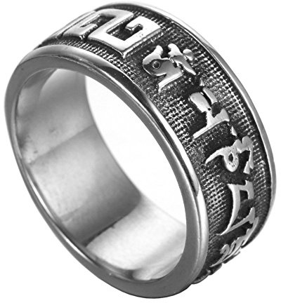 HIJONES Herren Edelstahl Vintage Buddhistischen Tibetischen Mantra Om Mani Padme Hum Gebet Ring Band Sechs Wahre Silbe Design Größe 68