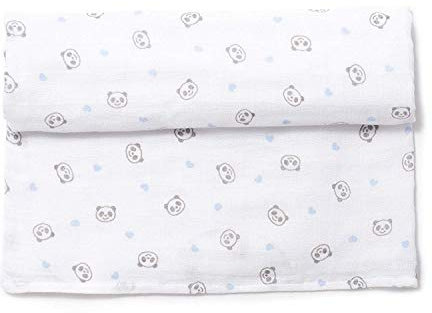 Ti TIN | Baby Musselin, 120x120 cm | Musselin Tuch mit Panda/Herz-Motiv, leichte und weiche Baumwollfaser, Mulltuch vielseitig einsetzbar, als Decke, Halstuch/Dreieckstuch, Spucktuch etc, Farbe: blau