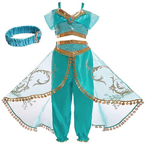 Monissy Aladdin Costume Princesse Jasmine Cosplay Enfant Top à Bretelles Pantalon Tulle Paillette Serre-tête Déguisement Halloween Anniversaire Carnaval Vert Or 3-12ans