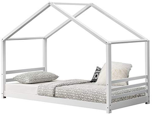 [en.casa] Kinderbett Vardø Hausbett im Montessori Stil Bettenhaus Spielbett mit Lattenrost Jugendbett aus massiver Kiefer Bettgestell 90x200cm Weiß