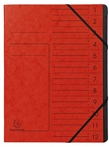 Exacompta 541205E Premium Ordnungsmappe geheftet. Aus extra starkem Colorspan-Karton DIN A4 12 schwarze Fächer und 2 Gummizüge mit Organisationsdruck Ringmappe Register-Mappe rot