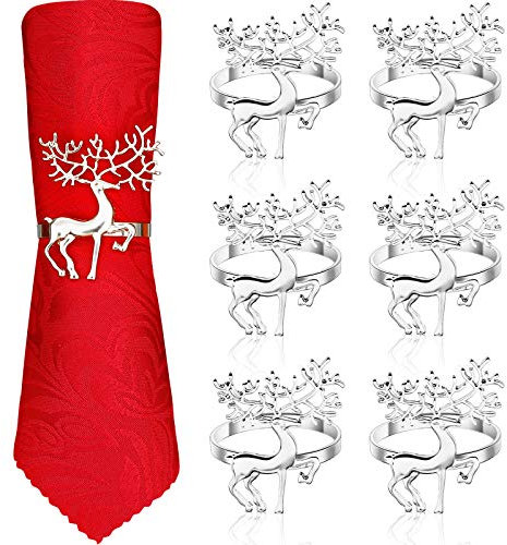 6 Stück Weihnachten Rentier Serviettenringe Hirsch Serviettenhalter Hirsch Serviettenschnalle für Weihnachten Essen Party Tischdeko Küchen Esstisch Wäsche Zubehör Hochzeit Schmuck (Silber)