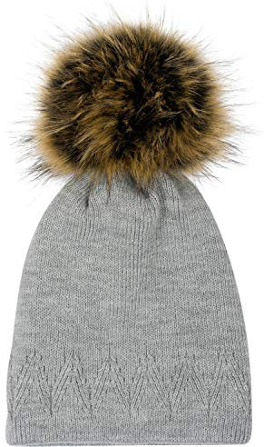 styleBREAKER Unisex warme einfarbige Strick Bommelmütze mit Zacken Muster, Abnehmbarer Kunstfellbommel, Winter Mütze 04024181, Farbe:Grau