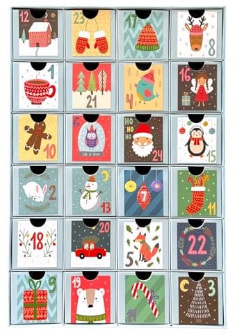 Calendario dell'Avvento da riempire, con 24 cassetti, calendario fai da te, 38 x 26 x 6 cm, numeri e motivi graziosi