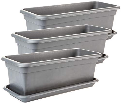 Blumenkasten Balkon mit Untersetzer 40cm, 3er Set Blumenkästen Balkonkasten, Platzsparender Blumenkasten Fensterbank außen Perfekt für kleine Räume, hochwertiger Kunststoff, Model:Elias Made in EU