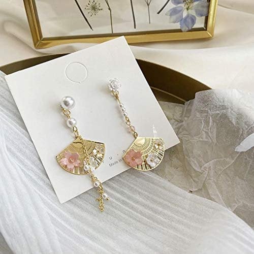 QIN S925 fan pendant earrings Japanese Sen super super shell flower pearl earrings fan-shaped asymmetrical flower earrings