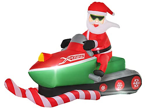 HOMCOM Babbo Natale Gonfiabile su Motoslitta 160cm con Luci LED Integrate, Decorazione Natalizia da Esterno, Verde e Rosso
