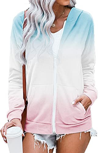 HVEPUO Damen Full Zip Hoodie Kordel V Ausschnitt Damen 2021 Casual Lockere Bunt Hoody Reißverschluß Kapuze Für Teenager Sweatjacke Frauen Kapuzensweatjacke Kuschel Jacke Clothing Hellpink Hellblau XXL