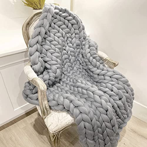 VanderHOME Decke Gestrickte Super Weiche Kuscheldecke Handgefertigt Grobe Strickdecke Grobstrick Decke Gestrickte Decke Wolldecke Couchdecke Flauschige weihnachtsdeko (Hellgrau,60×60cm)