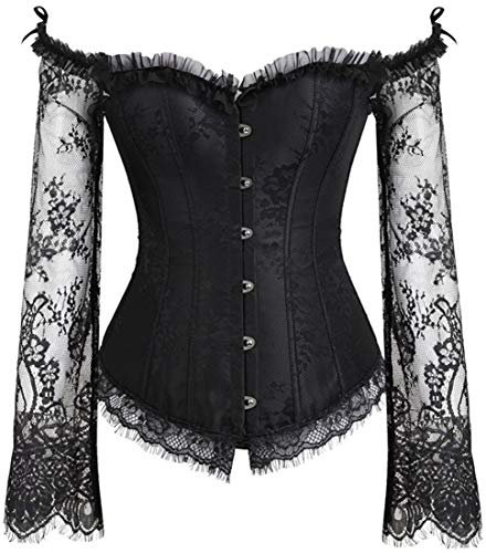 PANOZON Vintage Corset Lace Shaping Costume Long Sleeves Bustier Overbust Skirt Set Black L
