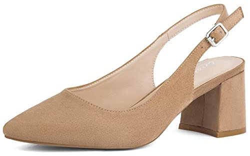 Greatonu Women's Pointed Toe Slingback Court Shoes Block Heel Ladies Pumps Ankle Strap Dress Shoes Beige Size 7