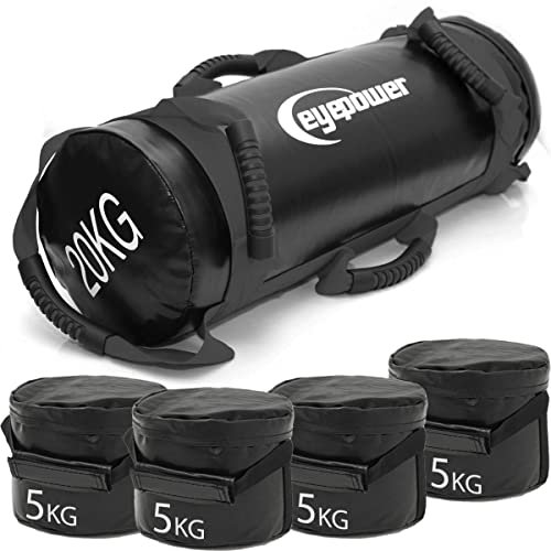 eyepower 20kg Profi Power Bag + 4 Wasserdichte Kettlebell Gewichte mit Eisensand - Besser als Geräte: 6 Griffe Fitness Sandbag für Zuhause - 20x60 Home Training Gewichtssack - Bauch- und Rückentrainer
