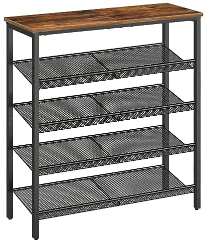HOOBRO Shoe Rack for Entryway, 5-Tier Shoe Organizer with Adjustable Mesh Shelves, 16-20 Pairs of Shoes, Spacious Floor Mount, Metal, Industrial, Shoe Shelf for Closet, Rustic Brown BF12XJ01