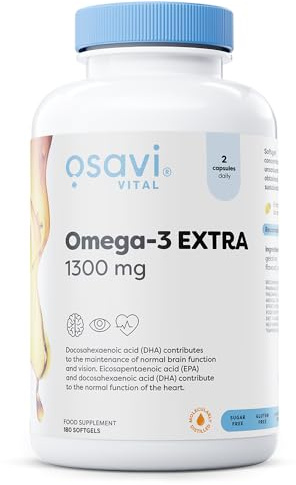 Osavi Omega–3 Extra Molecularly Distilled 1300 mg – 180 Softgels | Lemon Flavor | EPA & DHA for Heart Health, Brain Function, and Vision I Molecular Distillation for Maximum Purity