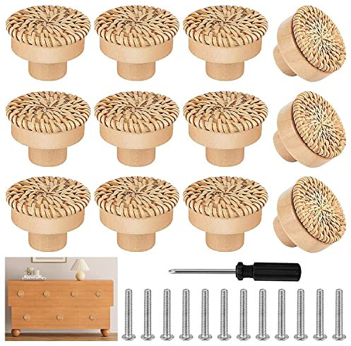 YUE QIN 12 Stück Rattan Möbelknöpfe Schrankknöpfe mit Schrauben Schraubendreher Schränke Holz Kommodenknöpfe Schubladenknöpfe für Schrank Schubladen Wohnzimmer Küche 40mm