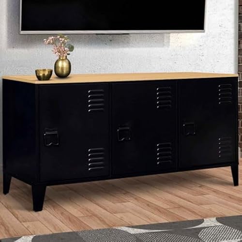IDMarket - Buffet Bas 113 cm Ester 3 Portes métal Noir Plateau Bois Design Industriel
