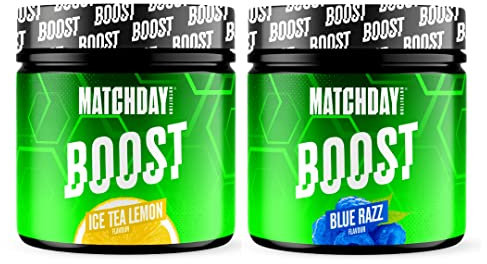 MATCHDAY NUTRITION | BOOST | 90 Minuten Vollgas Fußball | ATP Booster mit Aminosäuren und Kohlenhydraten | Mehr Schnellkraft, Explosivität & Ausdauer | 20 Portionen (Ice Tea Lemon & Blue Razz)