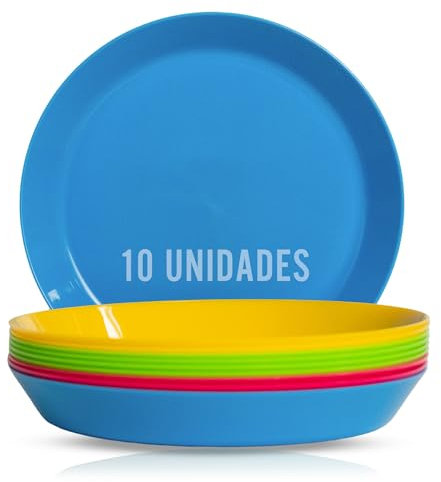 Mypicompany. Assiette Plastique Rigide Reutilisable Couleurs Vives (10 unités). Vaisselle Camping. Assiette Enfant et Anniversaires. Lot Sans BPA Passe au Lave-Vaisselle