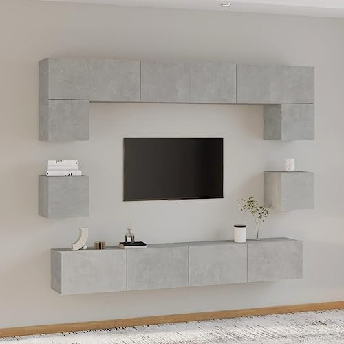 LAPOOH 8-TLG. TV-Schrank-Set Betongrau Holzwerkstoff Wohnzimmer Möbel, Sideboard Wohnzimmer, Fernsehschrank, Tv Kommode, Tv Lowboard, Tv Möbel, Wohnwand, 3114417
