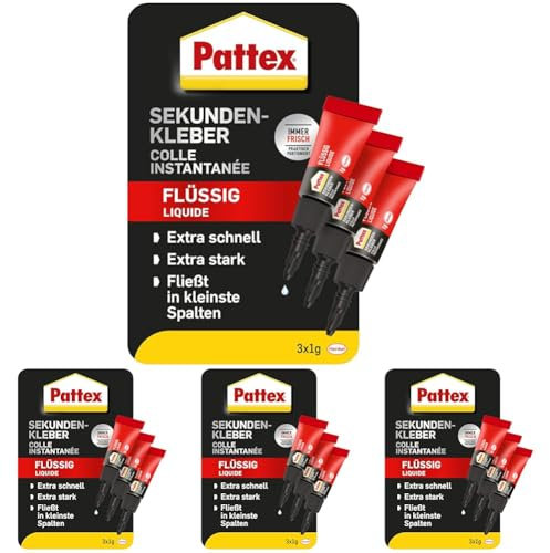 Pattex Sekundenkleber Flüssig Mini Trio, spülmaschinenfester Superkleber in 3 praktischen Tuben, schnelltrocknender farbloser Flüssigkleber, 3 x 1g, mehrfarbig (Packung mit 4)