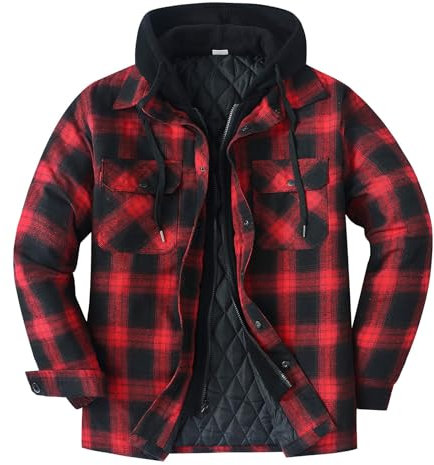 Winterjacke Herren mit Kapuze Fleece Gefütterte Kariert Kapuzenjacke Karojacke Knopfleiste Herbst Winter Übergangsjacke Männer Langärmeliges Fleecejacke Hemdjacke Holzfäller-Jacke Arbeitsjacke
