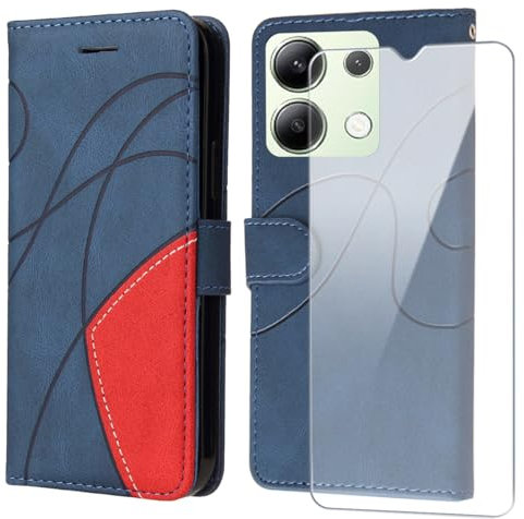 FHSYCR Coque pour Xiaomi Redmi Note 13 4G avec 1 Pièces Verre Trempé Protection Écran, Premium PU Cuir Multifonction à Rabat Flip Housse Étui pour Xiaomi Redmi Note 13 4G - Bleu