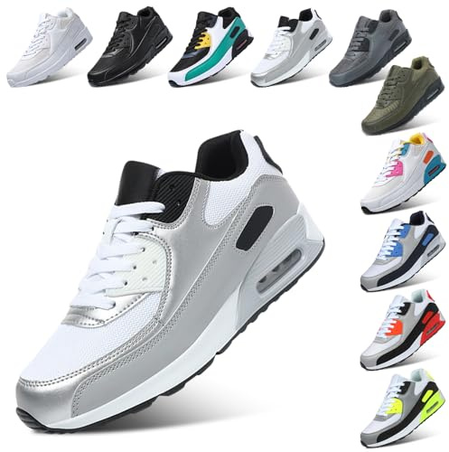 PADGENE Femme Homme Baskets Mode Chaussures Sport Course Sneakers Fitness Gym athlétique Multisports Outdoor Casual, Argent, 42 EU