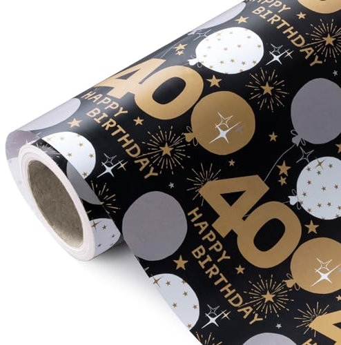 WRAPAHOLIC Geschenkpapier zum 40. Geburtstag, Mini-Rolle, 43,2 cm x 10,2 m, schwarz-goldenes Ballon-Design für Geburtstag, Party, Urlaub